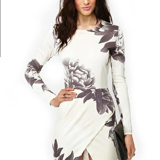 Sexy White Long Sleeve Random Floral Print Wrap Dress On Luulla 0847